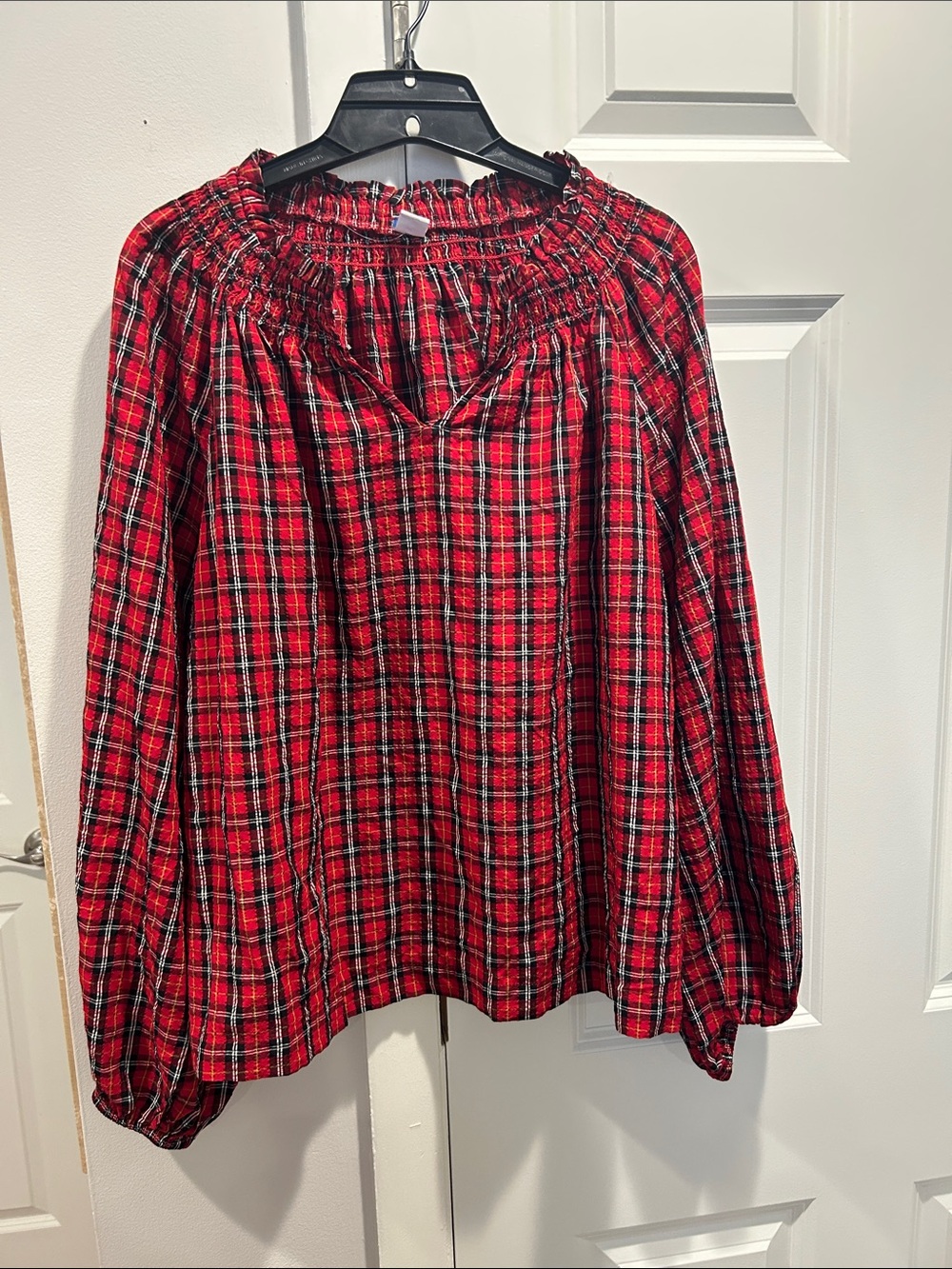 Plaid Red Smocked-Neck Women’s Top